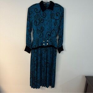 Vintage Neiman Marcus 100% Silk Dress Velvet Trim Collar Size 8